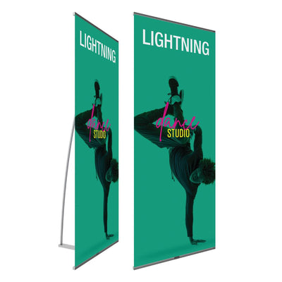 Double-sided banner stand display for trade shows featuring dance studio advertisement with dynamic dancer pose