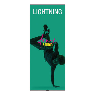 Retractable banner stand for exhibitions featuring a dancer in a dynamic pose promoting dance studio