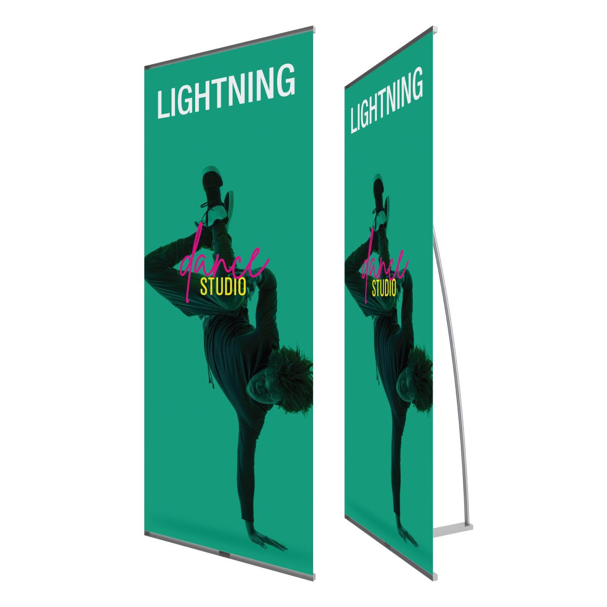 Retractable banner stand for trade shows featuring dynamic dance studio advertisement with breakdancer