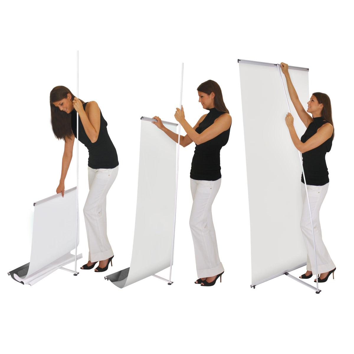 Woman assembling a retractable banner stand for trade shows and exhibitions in three steps