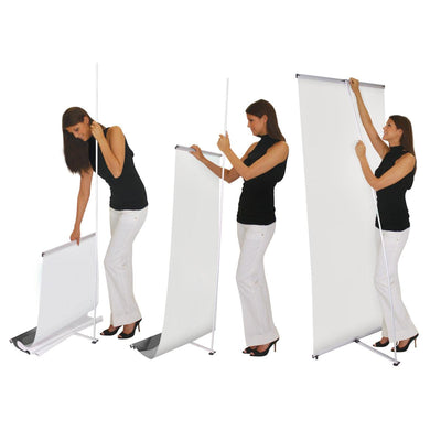 Woman assembling a retractable banner stand for trade shows and exhibitions in three steps