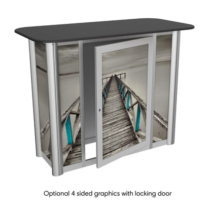Trade show counter with optional four-sided graphics and locking door for exhibitions and events