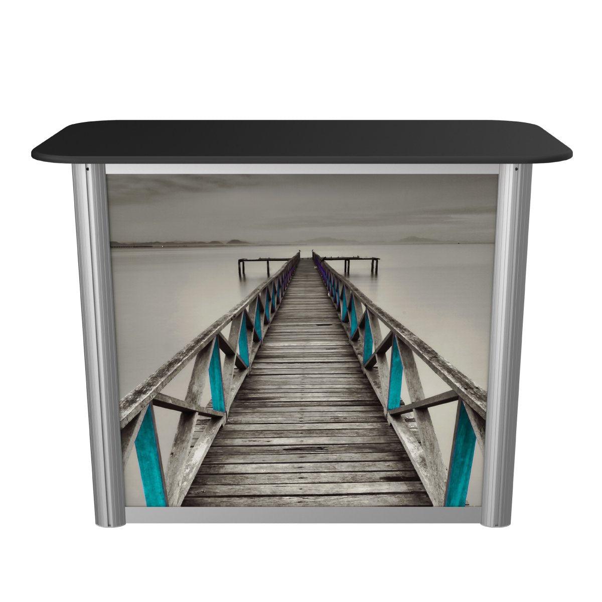 portable trade show counter with scenic bridge graphic for exhibitions and special events