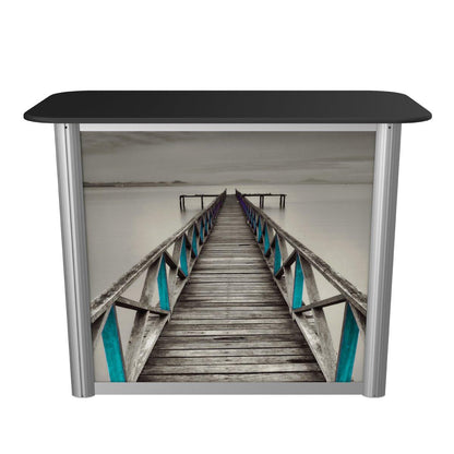 portable trade show counter with scenic bridge graphic for exhibitions and special events
