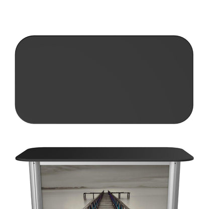 Portable trade show counter with front graphic panel and curved top for exhibitions and events