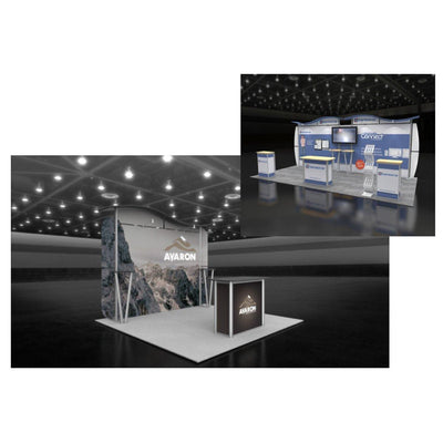 Two trade show booth displays with graphic backdrops, counters, and shelving for exhibitions and events