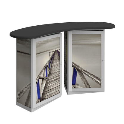 Curved reception counter with printed panels depicting a wooden pier, ideal for trade shows and exhibitions