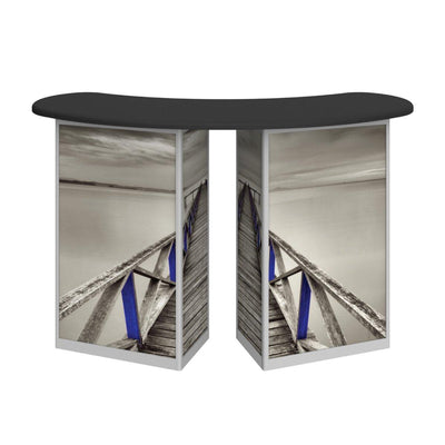 Curved reception counter with scenic wood pier graphic, ideal for trade shows and exhibitions