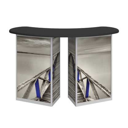 Curved reception counter with scenic wood pier graphic, ideal for trade shows and exhibitions