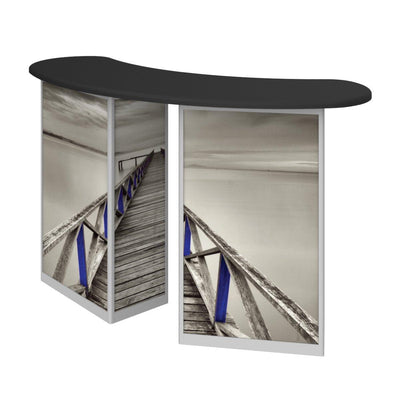 L-shaped reception counter with printed panel graphics, ideal for trade shows and exhibitions