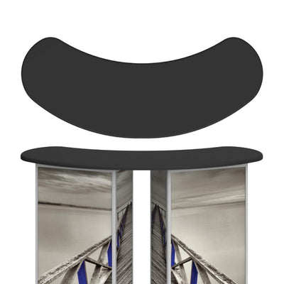 Double reception counter with curved overhead graphic for trade shows and exhibitions