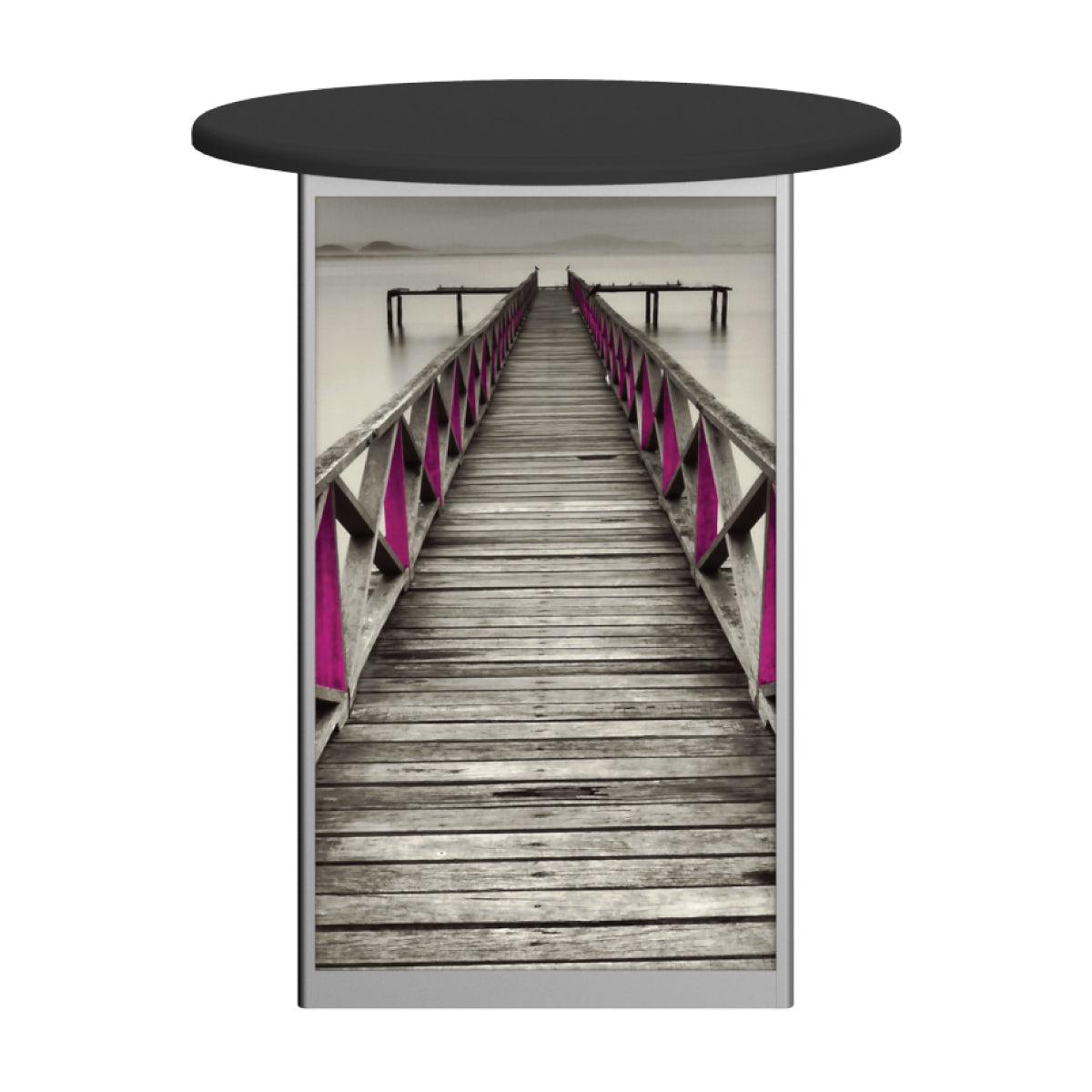 Oval trade show counter with printed graphic of wooden pier for exhibitions and special events