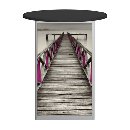 Oval trade show counter with printed graphic of wooden pier for exhibitions and special events