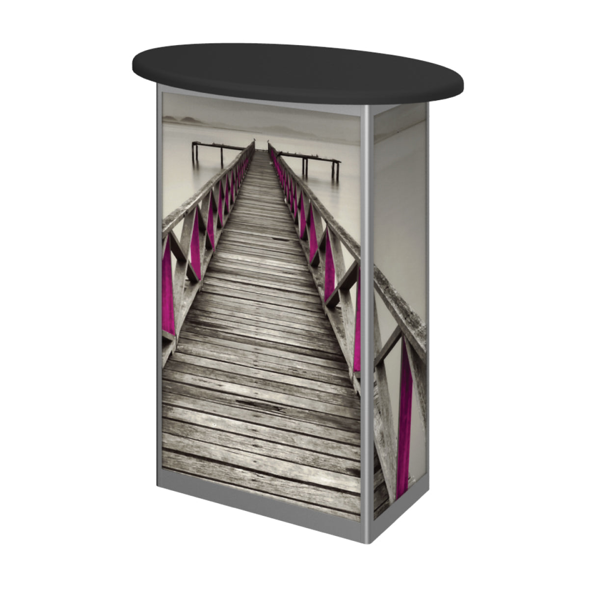 Oval trade show counter with wooden pier bridge graphic for exhibitions and events