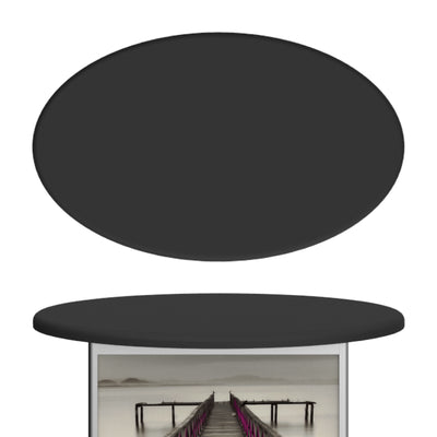 Oval trade show counter with fabric graphic panel displaying a pier image for exhibitions and events