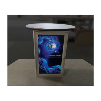 Oval counter display stand with graphic panel for trade shows and exhibitions