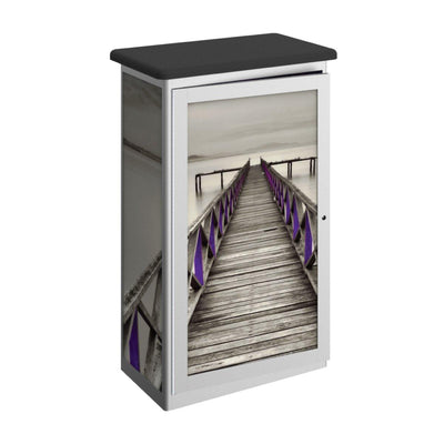 Portable trade show counter with printed panel featuring wooden pier image for exhibitions and events