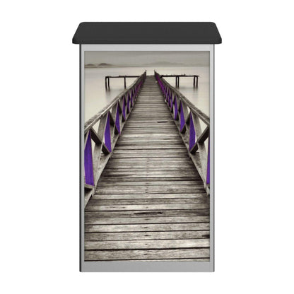 Rectangular trade show counter with printed graphic of a wooden pier extending over calm water, ideal for exhibitions and events