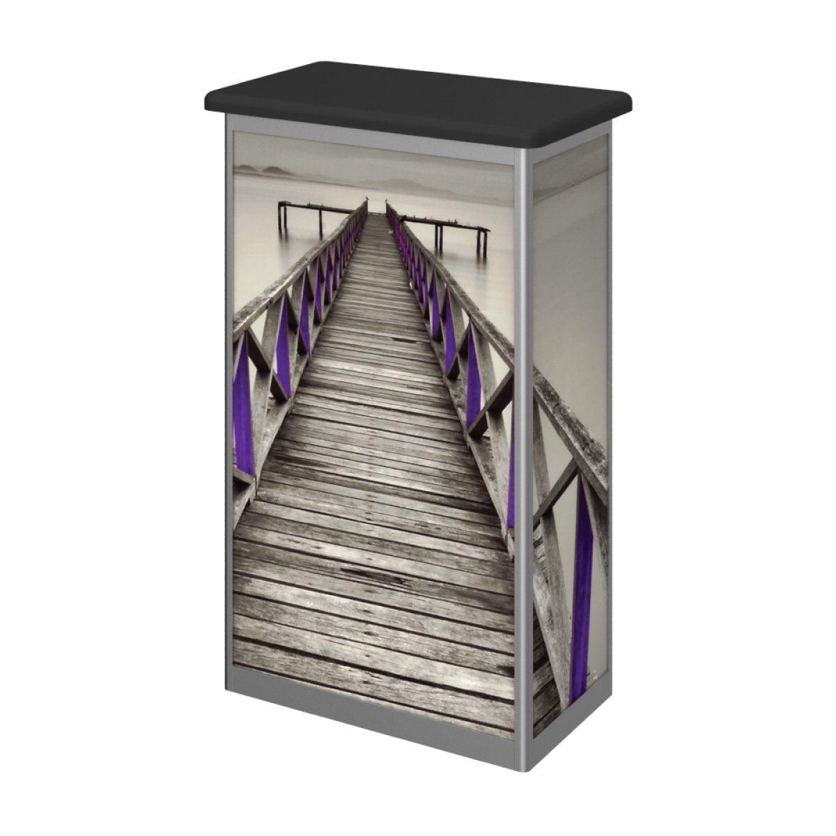 portable trade show counter with printed graphic of wooden pier over water for exhibition displays