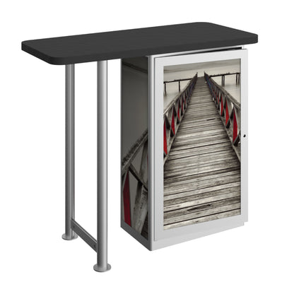 Trade show counter with graphic panel featuring wooden pier image, ideal for exhibitions and events