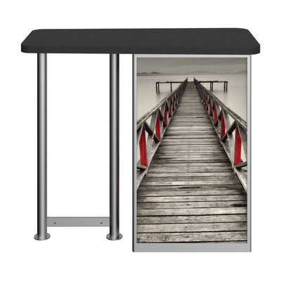 Trade show counter with straight leg and graphic panel featuring a wooden pier image for exhibitions