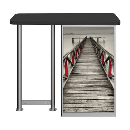 Trade show counter with straight leg and graphic panel featuring a wooden pier image for exhibitions