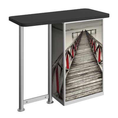 Trade show counter with straight leg and wood plank bridge graphic for exhibitions and events