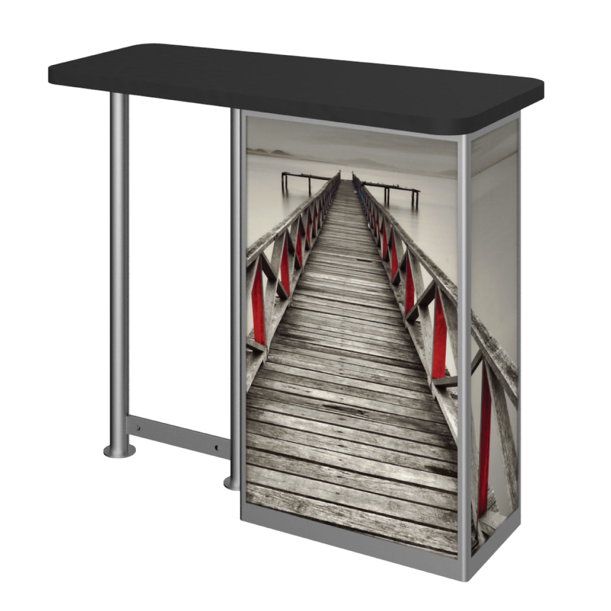 Trade show counter with printed graphic curved panel featuring wooden pier image for event displays