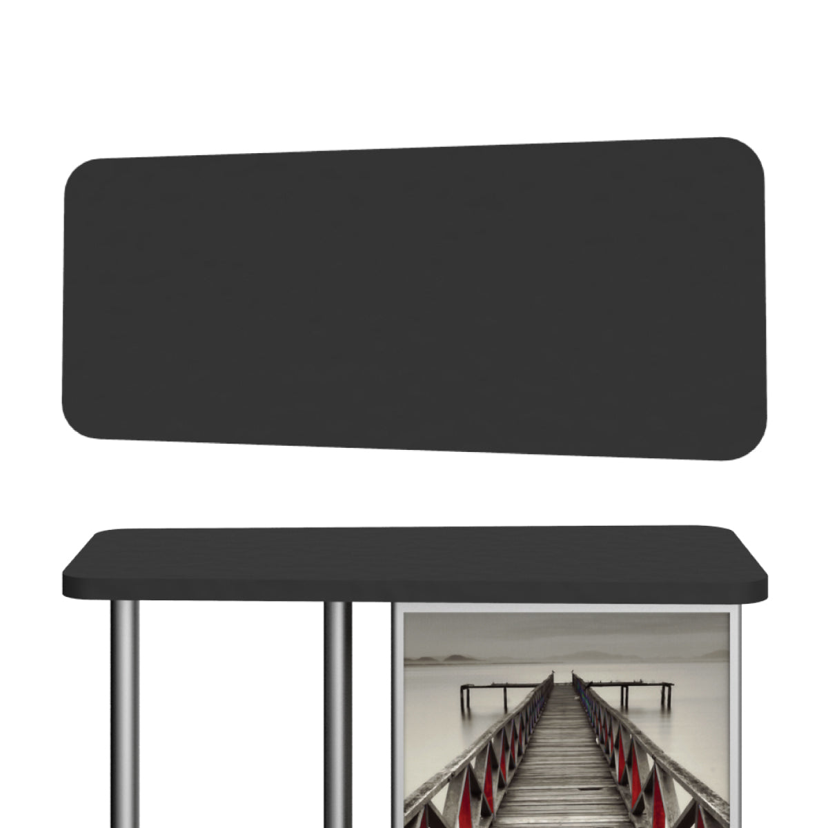 Straight-leg counter table with customizable front graphic panel for trade shows and exhibitions