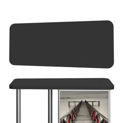 Straight-leg counter table with customizable front graphic panel for trade shows and exhibitions