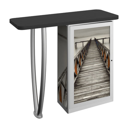 Portable trade show counter with graphic panel and sleek tabletop for exhibitions and special events