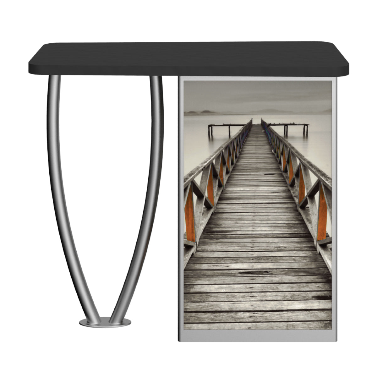 Trade show counter with promotional graphic of a wooden pier extending into calm water for exhibition use