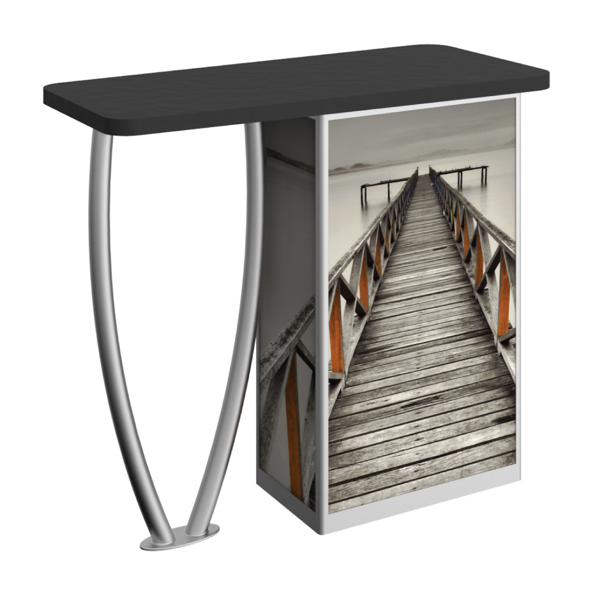 Trade show counter with curved metal legs and graphic panel featuring a wooden pier extending over water