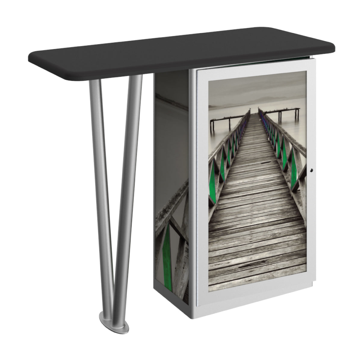 Portable trade show counter with graphic panel featuring wooden pier image for exhibitions and events