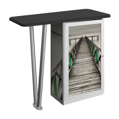 Portable trade show counter with graphic panel featuring wooden pier image for exhibitions and events
