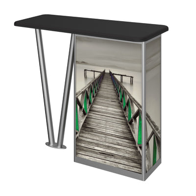 Portable trade show counter with modern angled metal legs and custom graphic panel featuring pier image