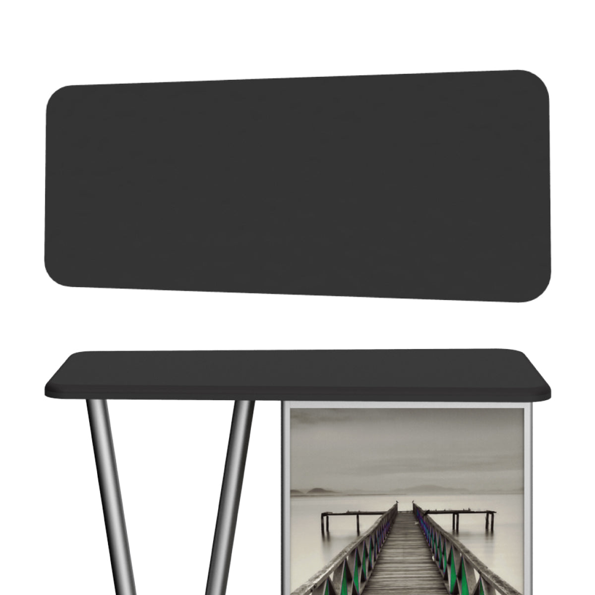 Modular trade show counter with rectangular top, angled support legs, and graphic panel for exhibitions