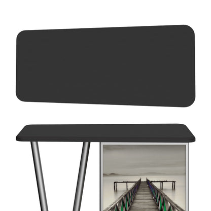 Modular trade show counter with rectangular top, angled support legs, and graphic panel for exhibitions