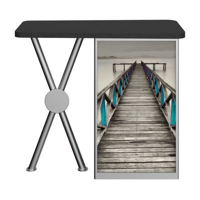 Trade show counter table with scenic pier graphic for exhibitions and special events