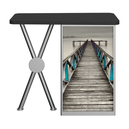 Trade show counter table with scenic pier graphic for exhibitions and special events