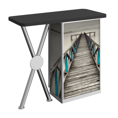 Trade show counter with a modern podium design featuring custom printed graphic panel of a wooden pier on water