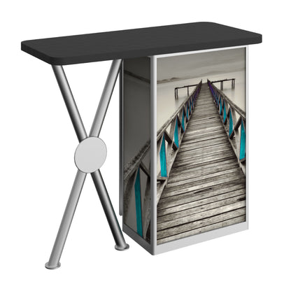 Trade show counter with a modern podium design featuring custom printed graphic panel of a wooden pier on water
