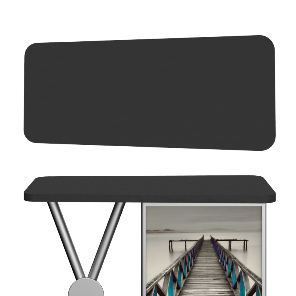 trade show counter with large graphic panel and spacious tabletop for exhibitions and events