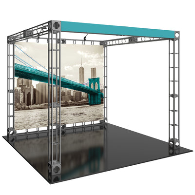 Modular truss display booth with large printed graphic backdrop for trade shows and exhibitions