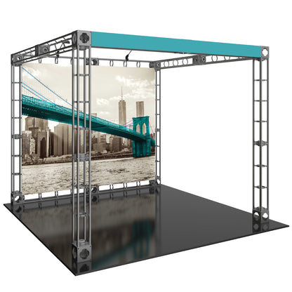 Modular truss display booth with large printed graphic backdrop for trade shows and exhibitions