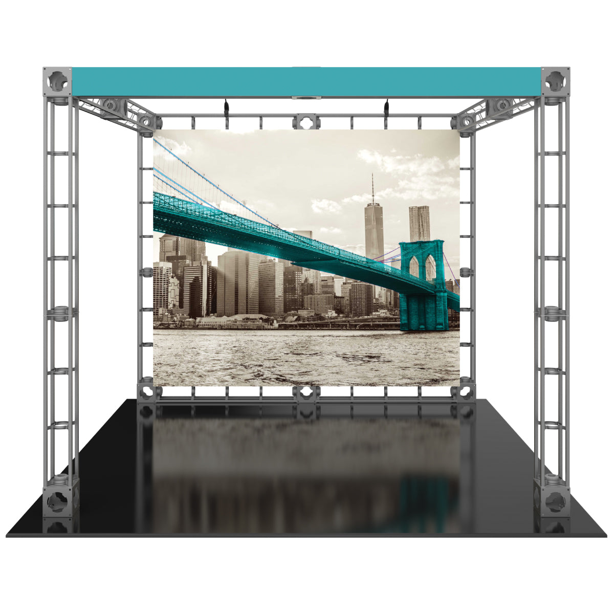 Trade show display featuring a large urban bridge backdrop with a sturdy truss frame for exhibitions