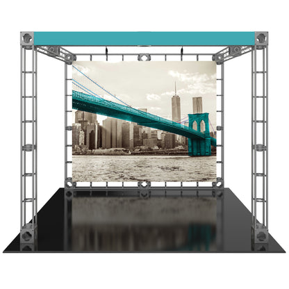 Trade show display featuring a large urban bridge backdrop with a sturdy truss frame for exhibitions