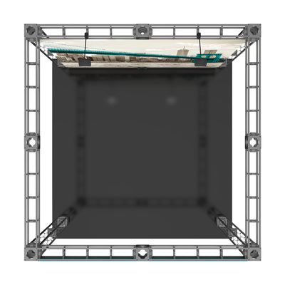 Modular truss display structure for trade shows and exhibitions with overhead printed banner and lighting