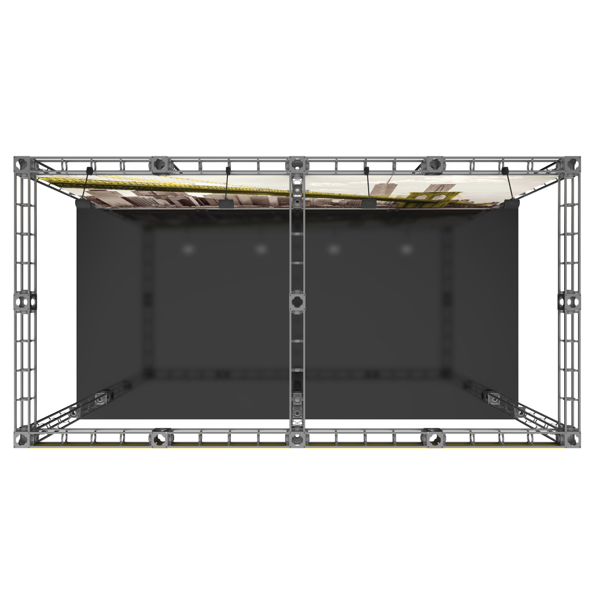 Overhead view of modular truss structure with attached graphic panel for trade show booth setup
