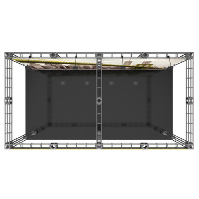 Overhead view of modular truss structure with attached graphic panel for trade show booth setup